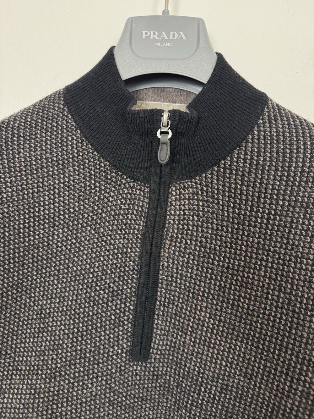 Raffi Cashmere Wool Sweater Men’s Large 52 1/4 Zip Waffle Knit Brown Black